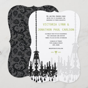 Black Gray Green Damask Chandelier Wedding Einladung