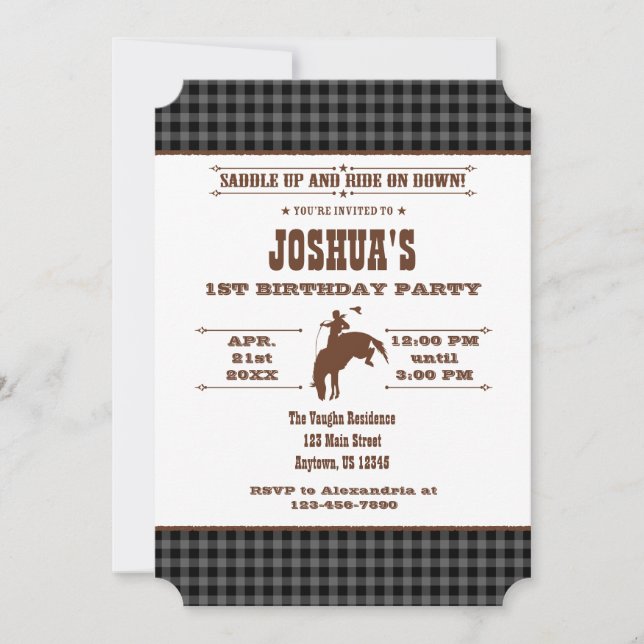 Black Gray Kariert Cowboy Rodeo Einladung zum Gebu (Vorderseite)