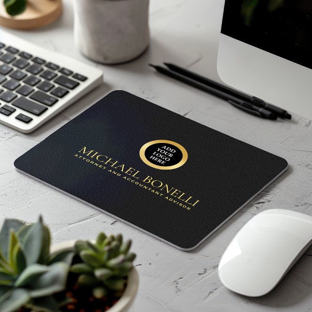 Black Gray Leather Luxury Gold RUND Logo Mousepad (Von Creator hochgeladen)