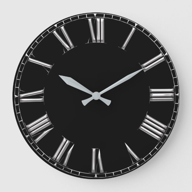 Black Gray Metal Minimal Silver Roman Numbers Lux Große Wanduhr (Vorderseite)