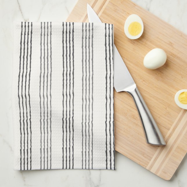 Black Gray Moderner Minimalistisch Stripe Boho Geschirrtuch (Viertel Falte)