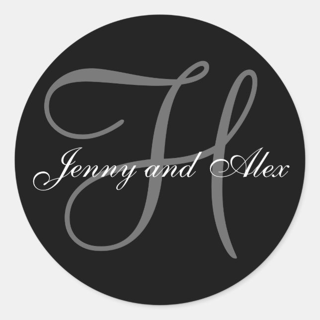 Black Gray Monogram H Bride Groom Names Wedding Runder Aufkleber (Vorderseite)