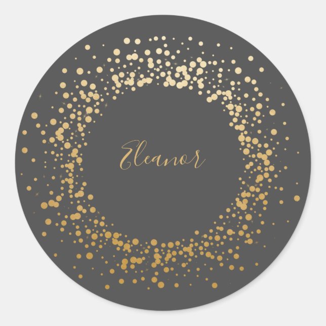 Black Gray Ombre Gold Confetti Dots Personalisiert Runder Aufkleber (Vorderseite)