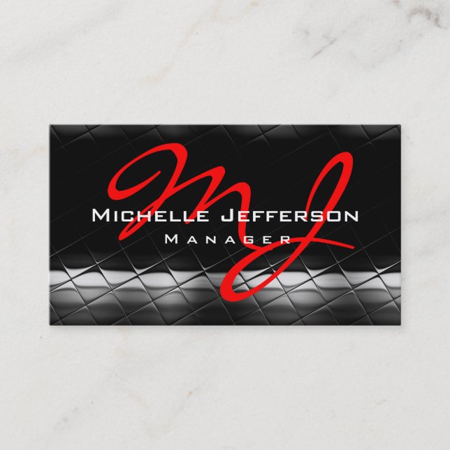 Black Gray Pattern Red Monogram Business Card Visitenkarte (Vorderseite)