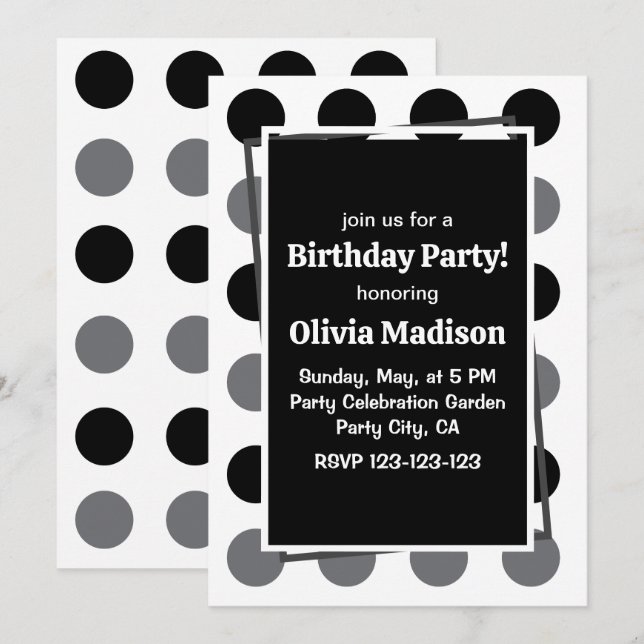 Black Gray Polka Dot Birthday Party Einladung (Vorne/Hinten)