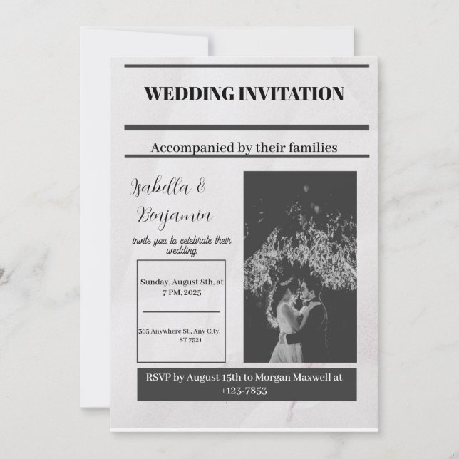 Black Gray Simple Vintag Newspaping Wedding Invita Einladung (Vorderseite)