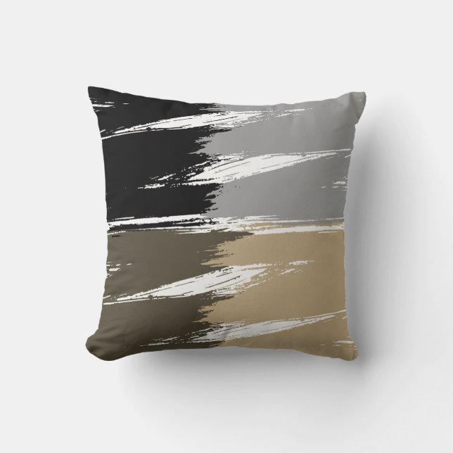 Black Gray Tan White Brush Stroke Paint Kissen (Vorderseite)