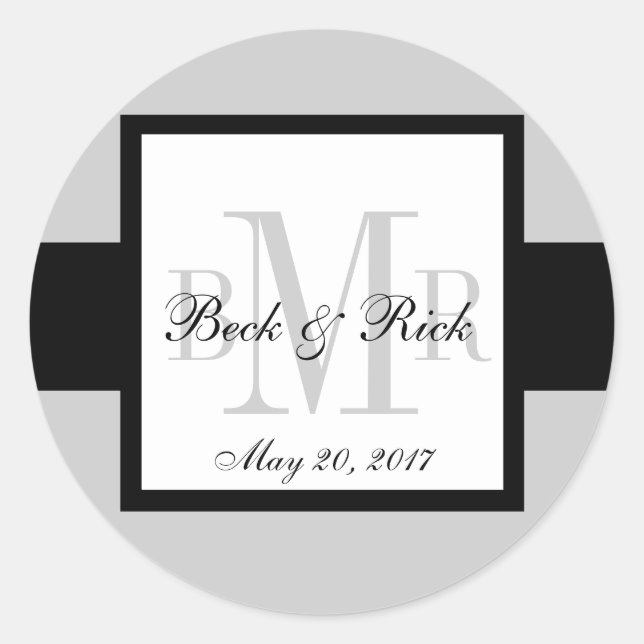Black Gray Three Monogram Wedding Label Runder Aufkleber (Vorderseite)