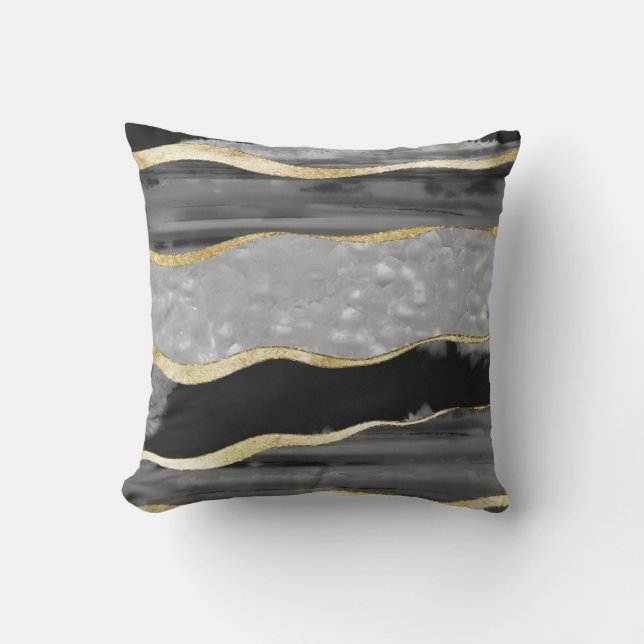 Black Gray White Agate Gold Stripe Glam #1 #gem Kissen (Vorderseite)