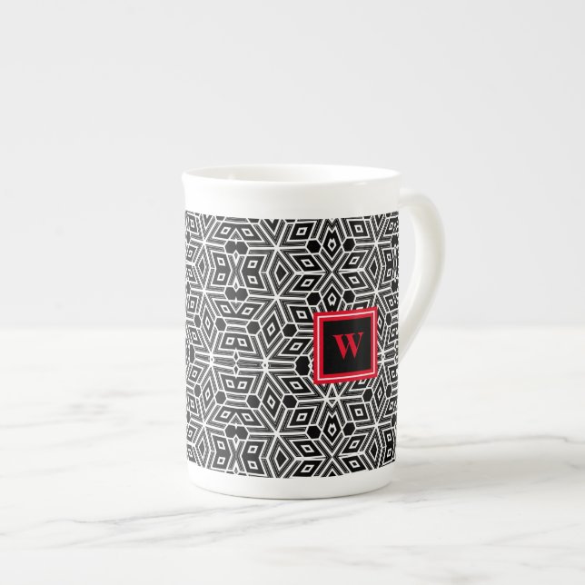 Black Gray White Cubism Neo Geo mit Red Monogram Prozellantasse (Vorderseite Rechts)