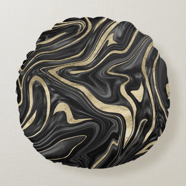 Black Gray White Gold Marmor #1 Rundes Kissen (Vorderseite)