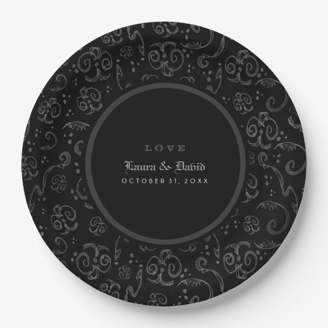 Black Gray & White Halloween Matching Wedding Pappteller (Vorderseite)
