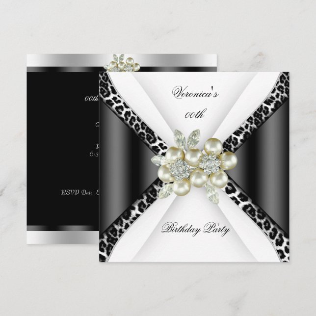 Black Gray White Leopard Pearl Birthday Party Einladung (Vorne/Hinten)