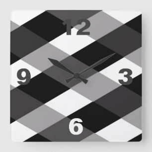 Black/Gray/White Plaid Pattern - Clock Quadratische Wanduhr