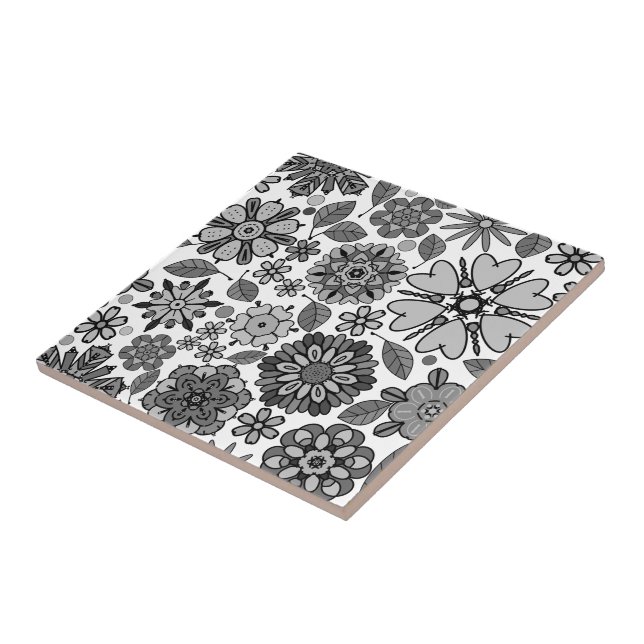 Black Gray White Retro Floral Art Seamless Pattern Fliese (Seite)
