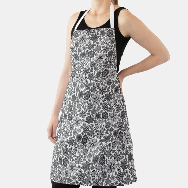Black Gray White Retro Floral Art Seamless Pattern Schürze (InSitu)