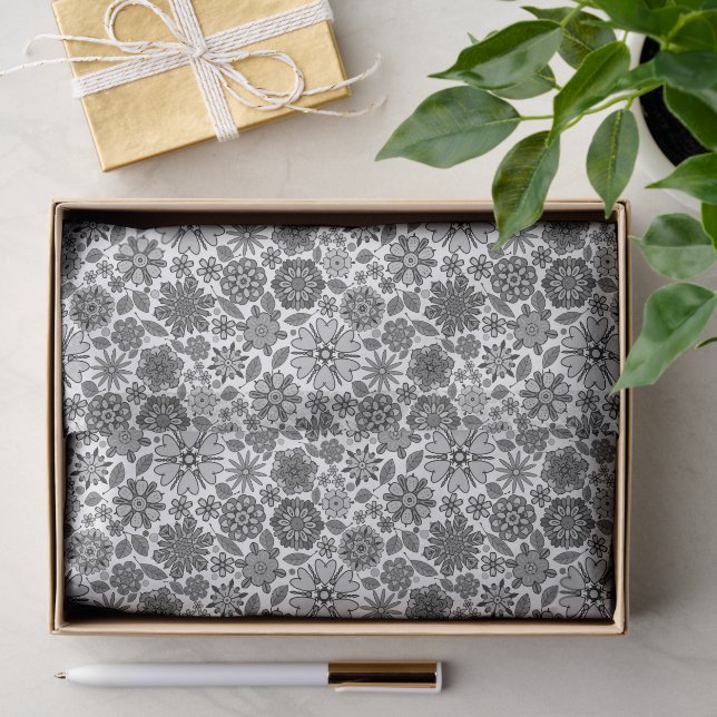 Black Gray White Retro Floral Art Seamless Pattern Seidenpapier (Geschenk)