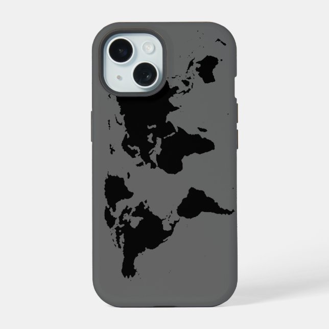 Black Gray World Map iPhone 15 Hülle (Rückseite)