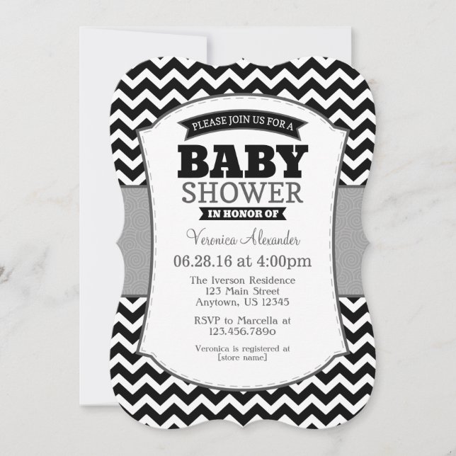 Black Gray Zickzack Baby Dusche Einladung (Vorderseite)