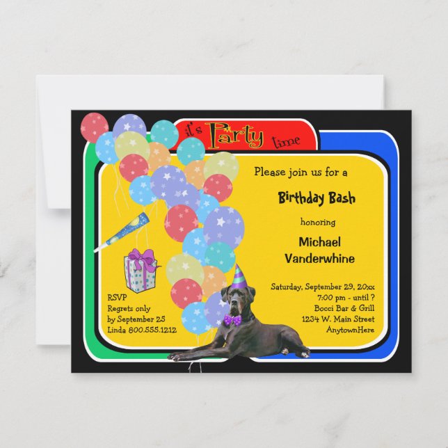 Black Great Dane Birthday Barke Einladung (Vorderseite)