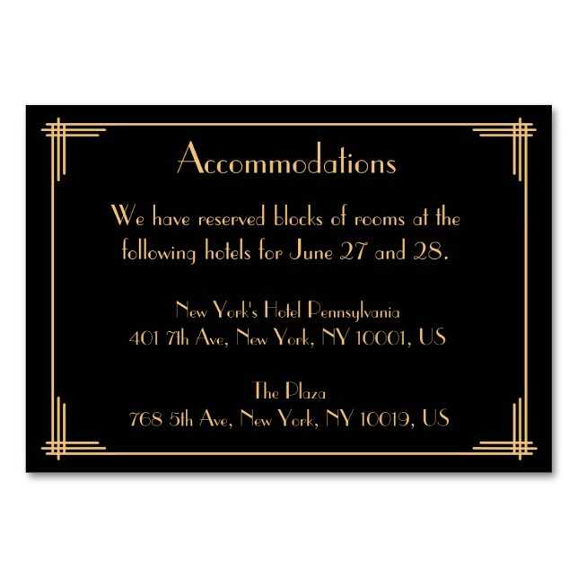 Black Great Gatsby Art Deco Hochzeitsunterkünfte Tischnummer (Vorderseite)