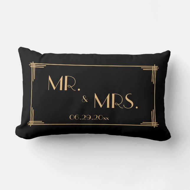 Black Great Gatsby Art Deco Lumbar Hochzeitskissen Lendenkissen (Vorderseite)