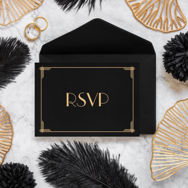 Black Great Gatsby Art Deco Wedding RSVP Card Karte (Von Creator hochgeladen)
