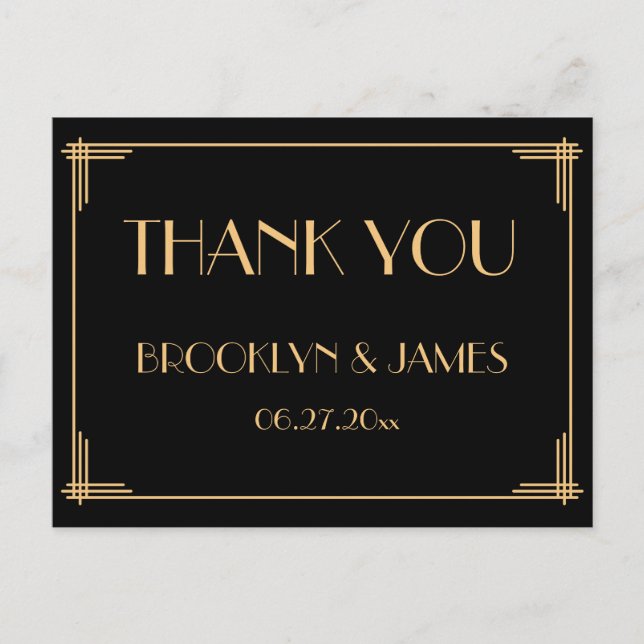 Black Great Gatsby Art Deco Wedding Vielen Dank Postkarte (Vorderseite)