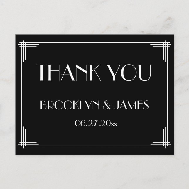 Black Great Gatsby Art Deco Wedding Vielen Dank Postkarte (Vorderseite)