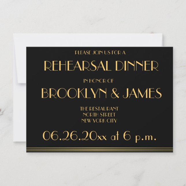 Black Great Gatsby Hochzeit Probe Einladungen (Vorderseite)