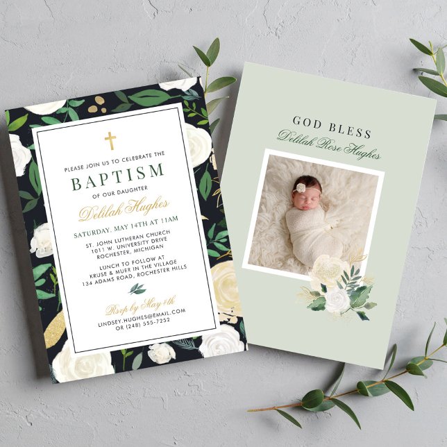 Black Green and Gold Floral Baptisl Baby Girl Einladung (Von Creator hochgeladen)