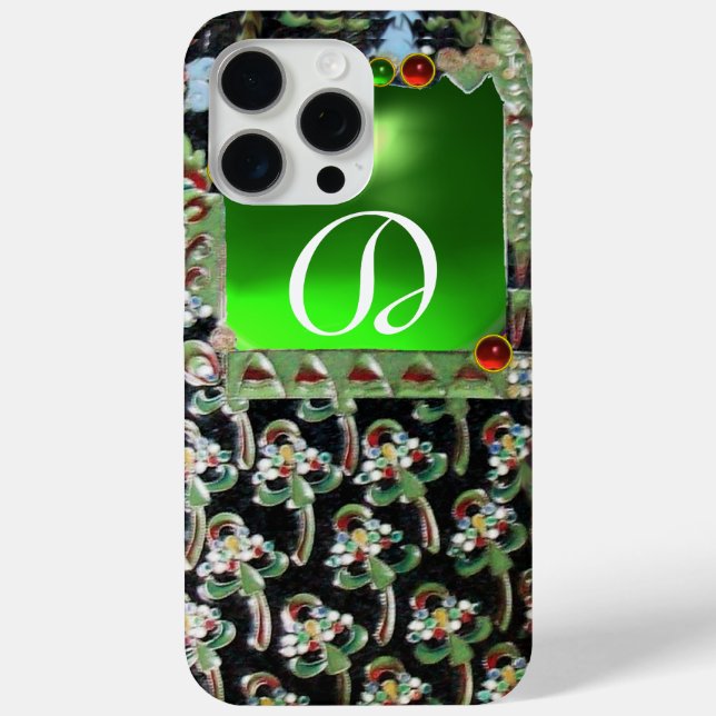 BLACK GREEN ART NOUVEAU GEMSTONE MONOGRAM Emerald iPhone 15 Pro Max Hülle (Rückseite)