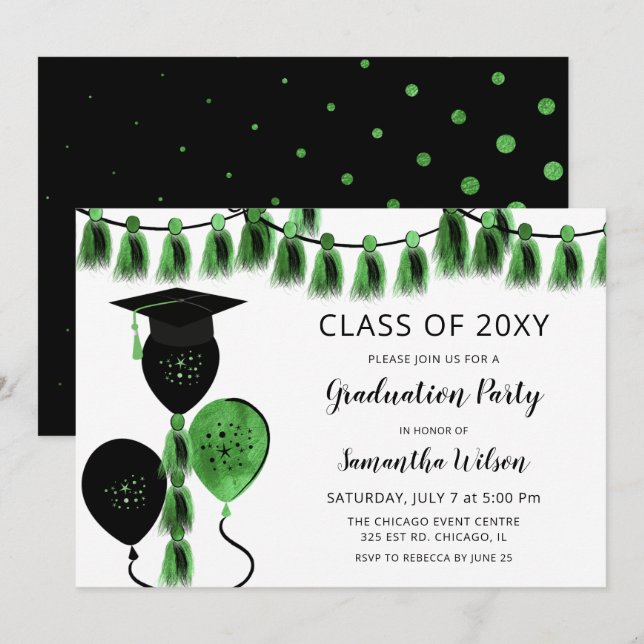 Black Green Balloons Grad Hat Graduation Party Einladung (Vorne/Hinten)