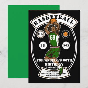 Black Green Basketball Invitations de fête d'anniv