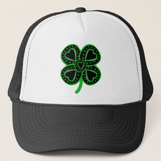 Black Green Clover Heart St Patrick's Day Hat Truckerkappe (Vorderseite)
