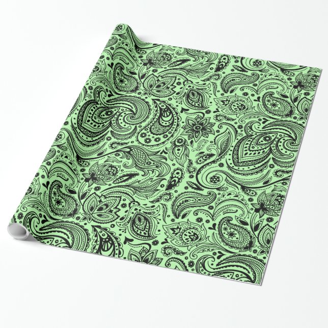 Black & Green Floral Paisley Geschenkpapier (Ungerollt)