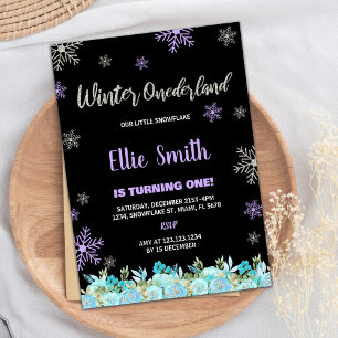 Black Green Floral Winter ONE derland Invitations