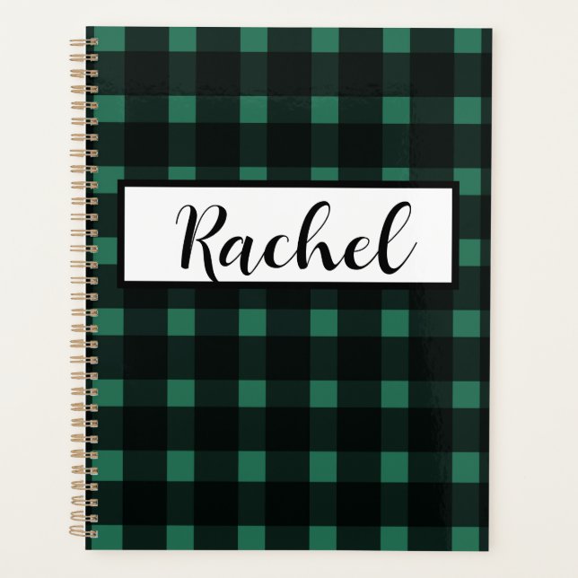 Black Green Gingham Personalisiert Planer (Vorderseite)