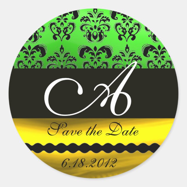 BLACK GREEN GOLD DAMASK MONOGRAMM Save the Date Runder Aufkleber (Vorderseite)