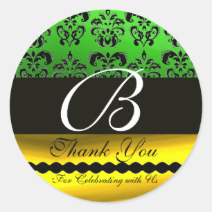 BLACK GREEN GOLD DAMASK MONOGRAMM Vielen Dank Runder Aufkleber