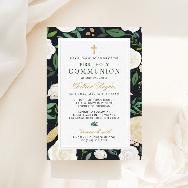Black Green Gold Floral Watercolor erste Kommune Einladung (Von Creator hochgeladen)