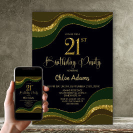 Black Green Gold Glitzer 21. Geburtstag Party Einladung