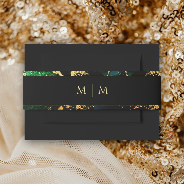 Black Green Gold Mit Monogramm Wedding Einladungsbanderole (Black Green Gold Monogrammed Wedding Invitation Belly Band)