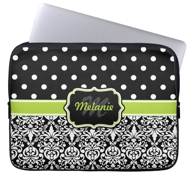 Black Green Mit Monogramm Damask Polka Dot Laptopschutzhülle (Vorderseite)