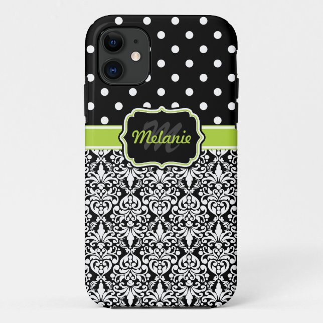 Black Green Mit Monogramm Damask Polka Dots Muster Case-Mate iPhone Hülle (Rückseite)