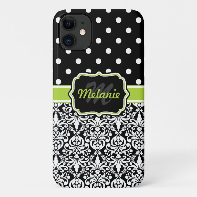 Black Green Mit Monogramm Damask Polka Dots Muster Case-Mate iPhone Hülle (Rückseite)