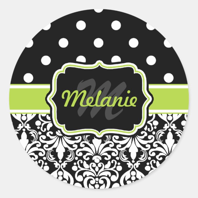 Black Green Mit Monogramm Damask Polka Dots Muster Runder Aufkleber (Vorderseite)