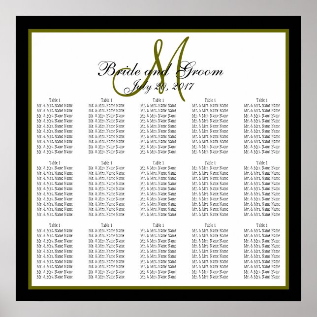 Black Green Monogram Wedding Seating Chart 150 Poster (Vorne)