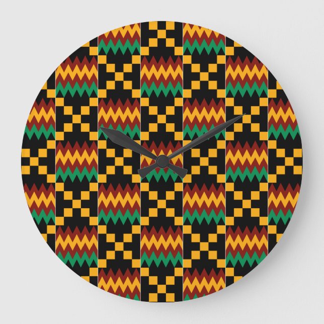 Black, Green, Red, and Yellow Kente Cloth Große Wanduhr (Vorderseite)