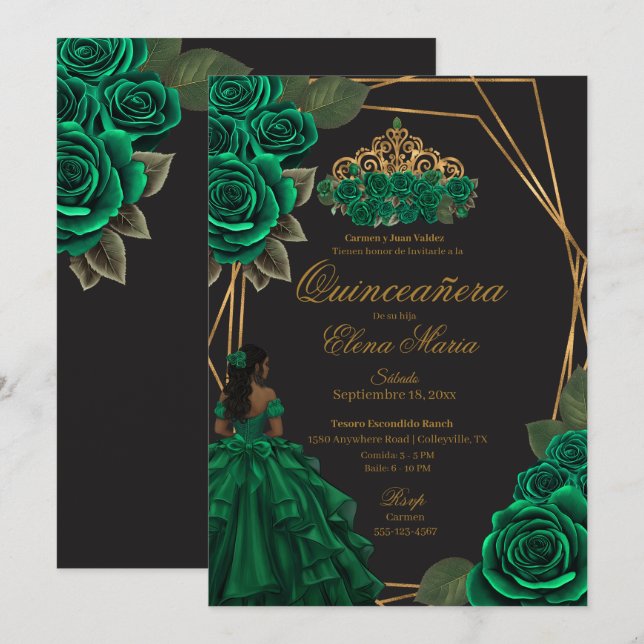 Black Green Rose Goldene Prinzessin Quinceañera Einladung (Vorne/Hinten)